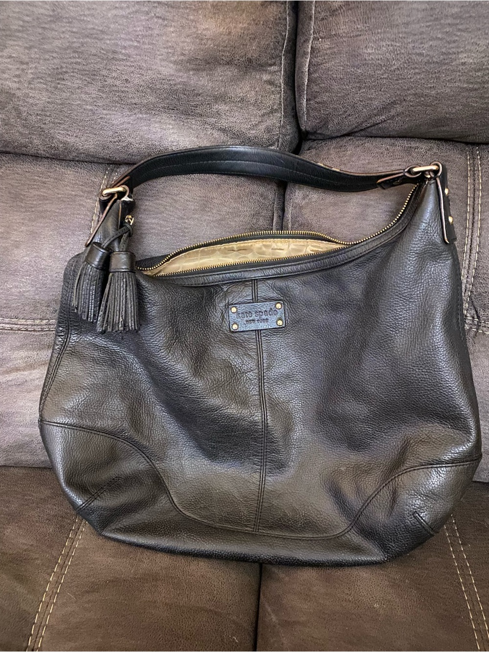 kate spade Black Pebbled Leather Shoulder Bag with Tassels